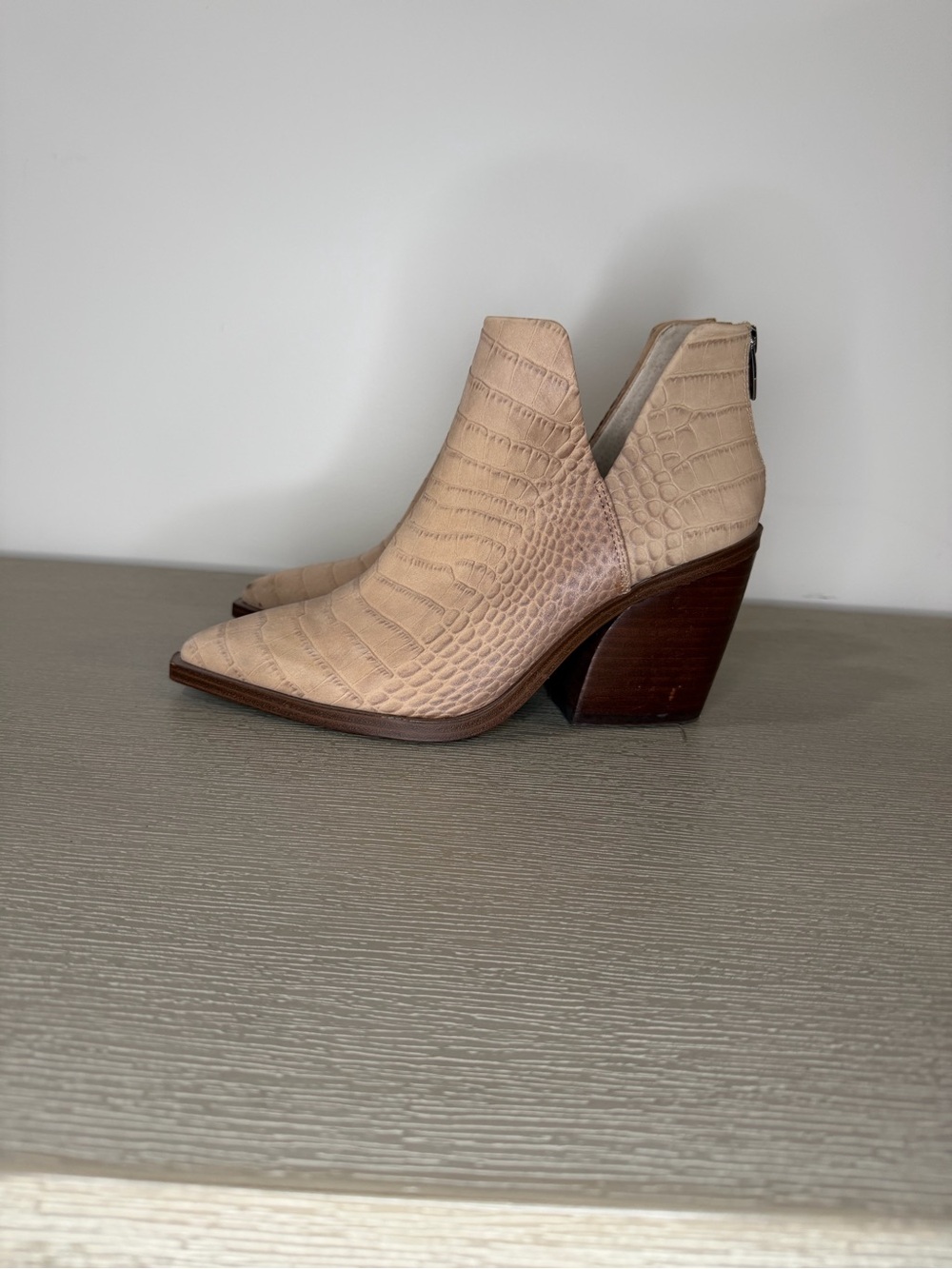 Vince Camuto Taupe Croc-Embossed Pointed Ankle Booties